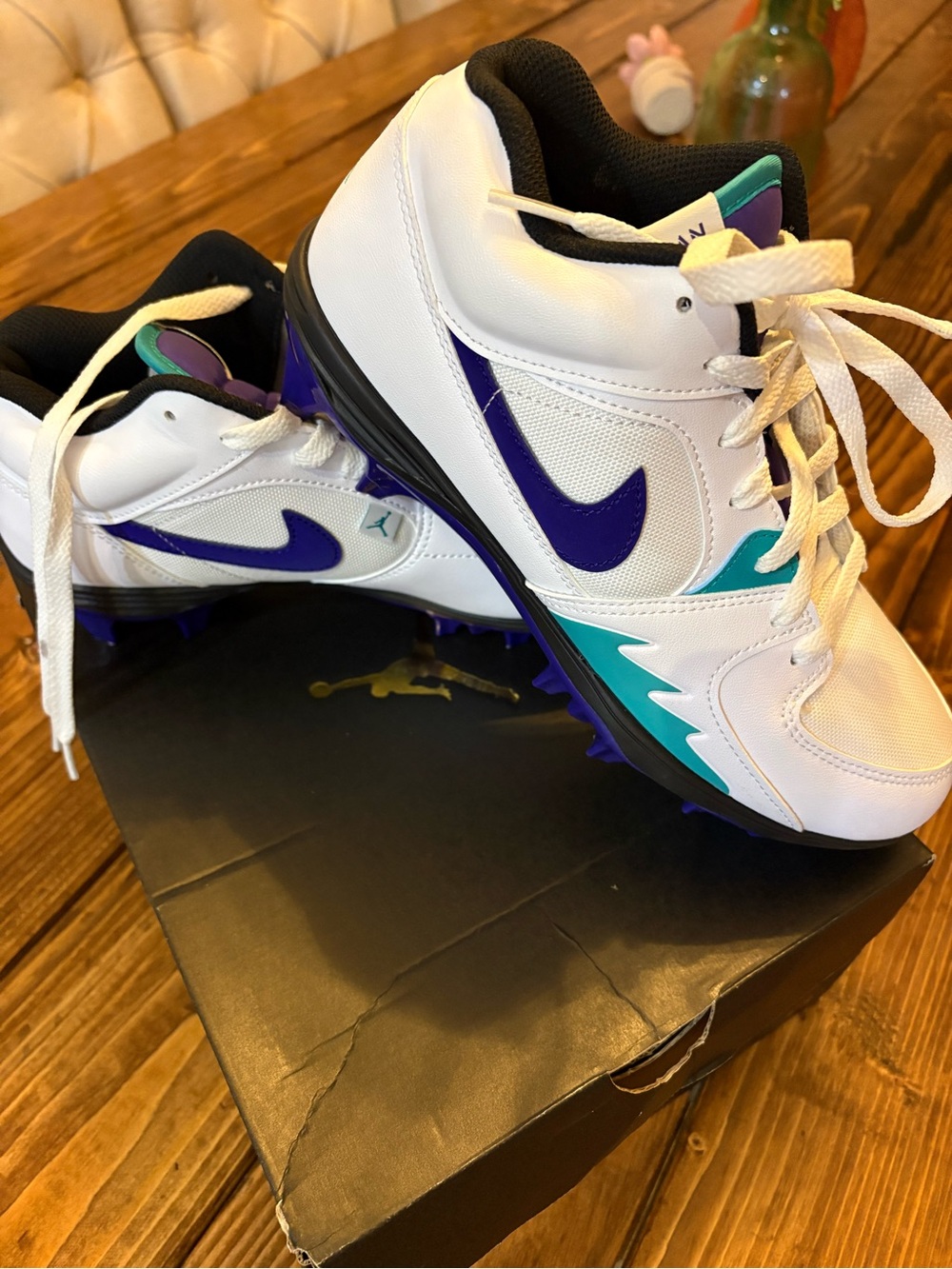 Nike Air Jordan Stadium 90 Mens White football cleats with Purple/Teal Accents